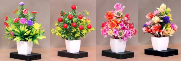 S-Biv Artificial Blue Plants | Artificial Plants for Home Decoration ( Pack of 4) Multicolor Rose, Cherry Artificial Flower  with Pot