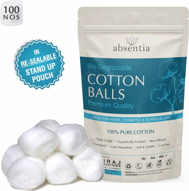 ABSENTIA COTTON BALLS (White), 100 Nos – for INFANTS, KIDS & ADULTS – 100% Pure & Gentle