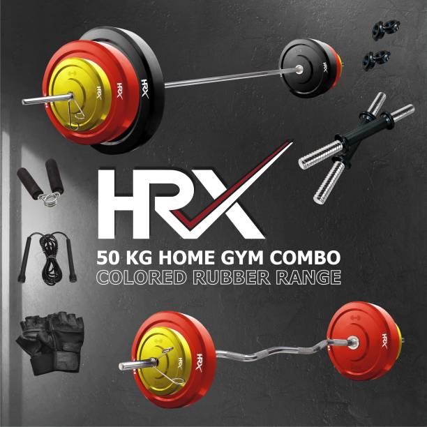 HRX 50 kg Solid Rubber Kit - 4 Ft Plain,One 3 Ft Curl and 2 Dumbbell Rods with Accessories Home Gym Combo