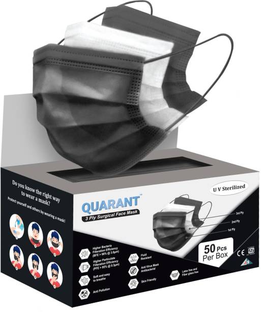 QUARANT 3 Ply Black Surgical Face Mask with Nose Pin, UV Sterilized, BFE >98% & PFE >95% Q3SB Water Resistant Surgical Mask With Melt Blown Fabric Layer
