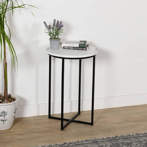 PRITI Modern Marble Finish Side Table Round Accent Table with X Base Stone End Table