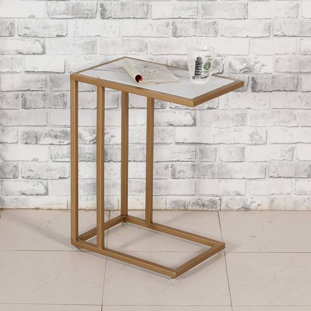 PRITI Modern Table Square with Top Golden - White Laminated Stone Bedside Table
