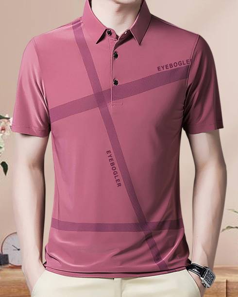 Eyebogler Solid Men Polo Neck Pink T-Shirt