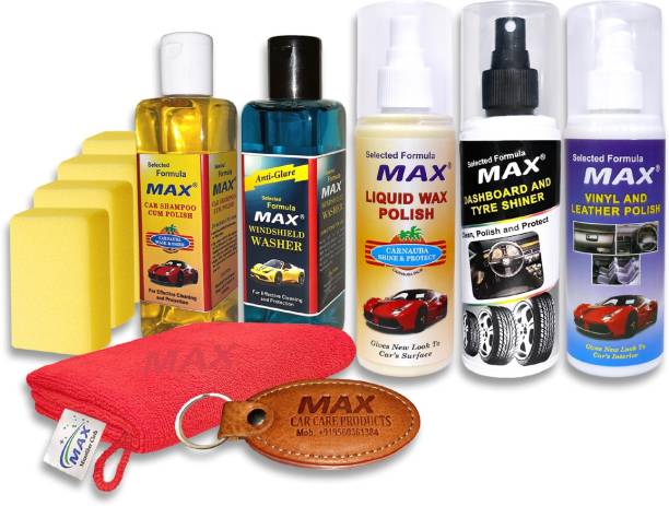 MAX Complete Car Care Kit includes Dashboard & Tyre Shiner 200 ml, Liquid Wax Polish 200 ml, Vinyl & Leather Polish 200 ml, Windshield Washer 200 ml, Car Shampoo 200 ml, Foam applicator - 3 Pcs, Microfiber Cloth - 1 Pc Combo