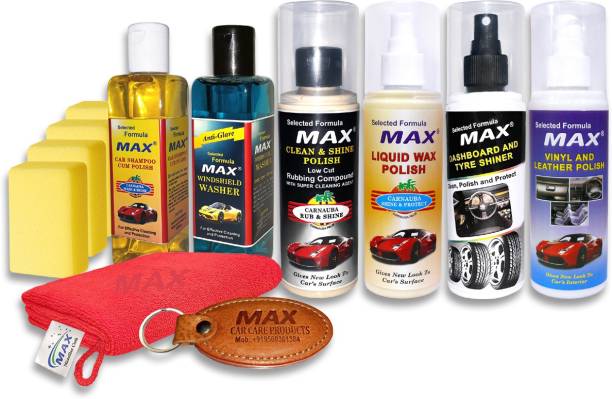 MAX Premium Car Care Kit includes Dashboard & Tyre Shiner 200 ml, Liquid Wax Polish 200 ml, Vinyl & Leather Polish 200 ml, Clean & Shine Polish 200 ml, Windshield Washer 200 ml, Car Shampoo 200 ml, Foam applicator - 4 Pcs, Microfiber Cloth - 1 Pc Combo