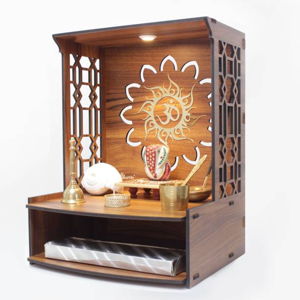 Heartily™ Mangal Pooja Mandir Temple Home Office with LED Light H- 15.5 L- 11.5 W -11 In Engineered Wood Home Temple