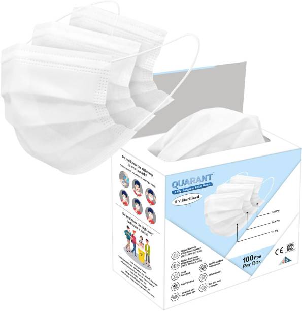 QUARANT 3 Ply White Surgical Face Mask with Nose Pin, UV Sterilized, BFE >98% & PFE >95% SW Water Resistant Surgical Mask With Melt Blown Fabric Layer