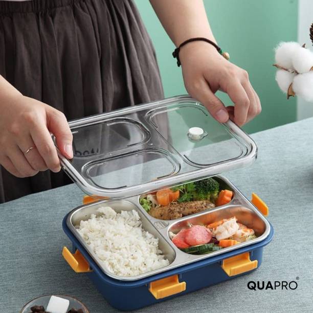 QUAPRO Lunch Box 3 Compartment Leakproof, Stainless Steel, With Spoon + Chopstick 3 Containers Lunch Box