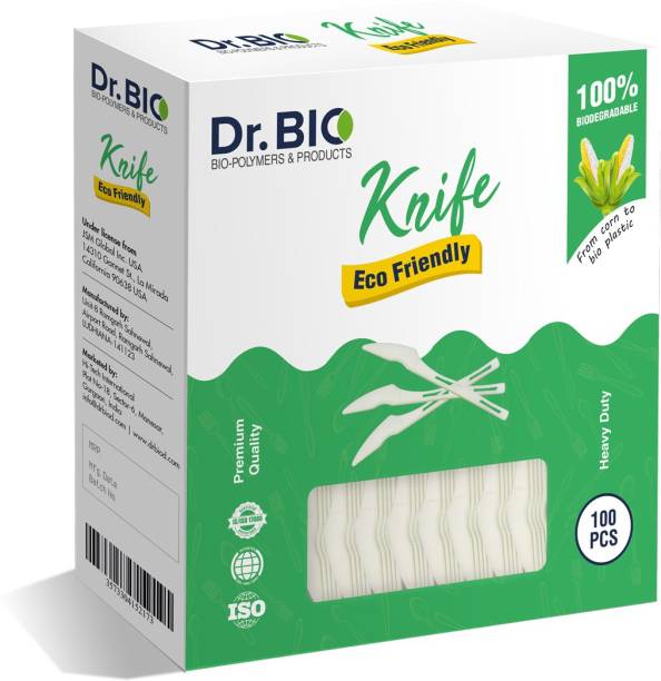 Dr. Bio Biodegradable Compostable Eco-Friendly (pack of 100) 2.25cm x 19 cm Plastic Dessert Knife, Butter Spreader, Cheese Knife Set