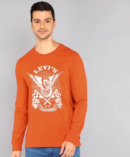 Men Printed Crew Neck Orange T-Shirt Price in India