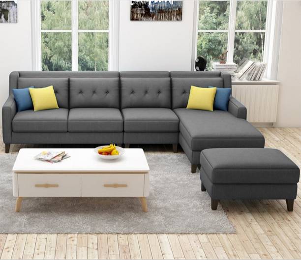 Torque Milner L Shape 6 Seater Fabric Sofa with Ottoman For Living Room(RHS ,Grey) Fabric 6 Seater  Sofa