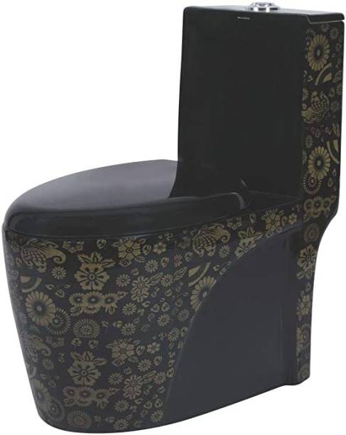 InArt Ceramic Western One Piece Water Closet Floor Mounted European Toilet With Soft Close Seat Cover S TRAP OUTLET IS FROM FLOOR (Black ) Western Commode