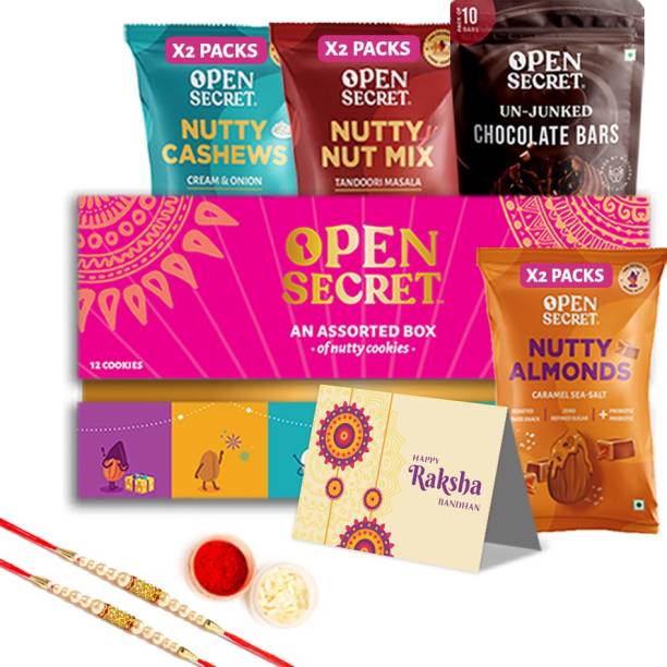 OPEN SECRET Rakhi Gift Box | 12 Cookies, 10 Chocolates, 8 Nuts, Roli Chawal Cotton, Paper, Plastic Gift Box