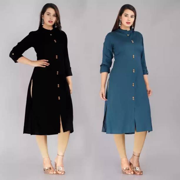 Pack of 2 Women Solid Cotton Blend Straight Kurta Price in India