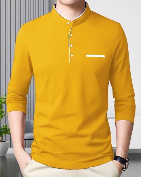 AUSK Solid Men Mandarin Collar Yellow T-Shirt