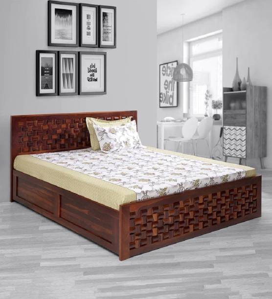 WOODSTAGE Sheesham Wood King Size Bed with Hydraulic Storage (Walnut Finish) Solid Wood King Hydraulic Bed