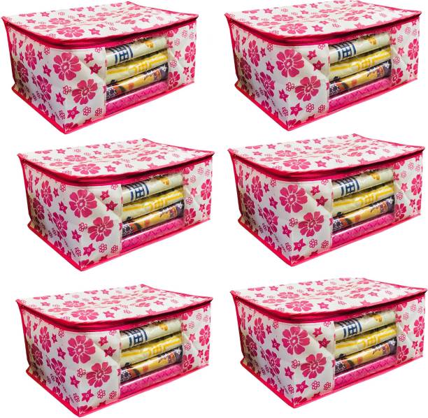 Toytoria New Pink Flower Design Saree Cover, Clothes Organiser with Transparent Window, Storage Box For Clothes, Pack Of 6 (Pink, White)
