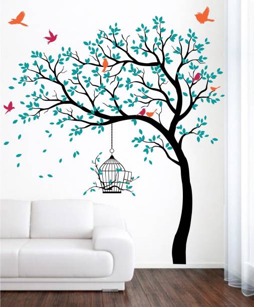 rawpockets 200 cm Blue Tree with Birds and Cage Self Adhesive Sticker