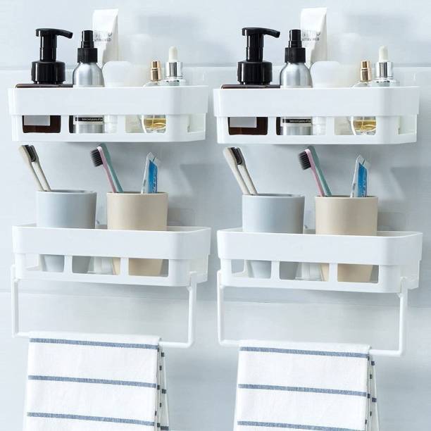 Xantell Pack of 4 Plastic Rectangular Multipurpose Wall Shelves with Towel Hanger Shelf