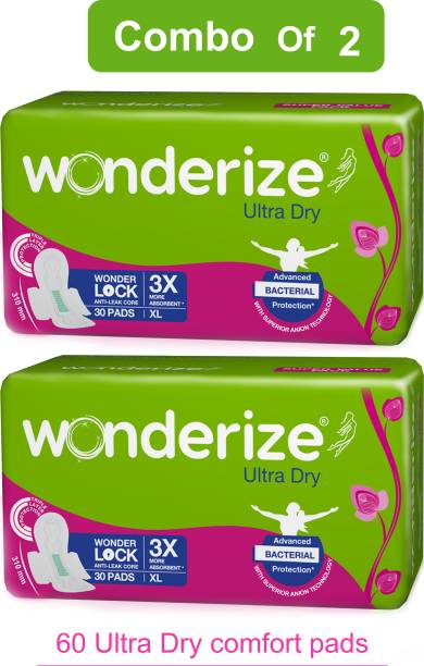 Wonderize Ultra Dry XL Sanitary Napkins For Women - 60 Pads - With advanced bacterial protection - Super Soft Side Edges For Rash Free Periods Sanitary Pad