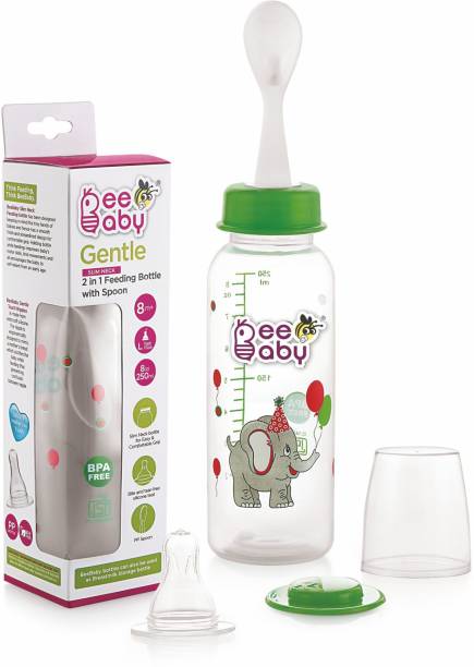 Beebaby Gentle 2 in 1 Baby Feeding Bottle with Plastic Feeder Spoon. (Green) (250 ML / 8 Oz.) - 250 ml