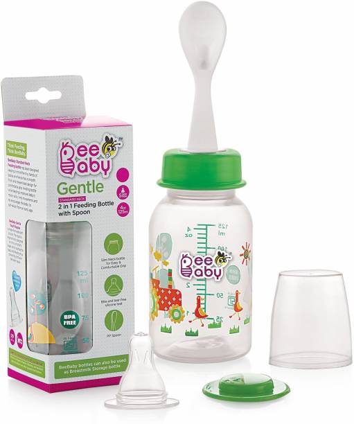 Beebaby Gentle 2 in 1 Baby Feeding Bottle with Plastic Feeder Spoon. (Green) (125 ML / 4 Oz.) - 125 ml