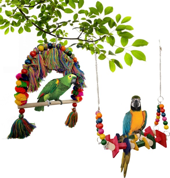 Bird Chew Toys Wooden Pet Parrot Hanging Swing Toy Colorful Cage Bite Toy with Ringbell for Macaw Cockatoo Budgies Parakeet Cockatiel 