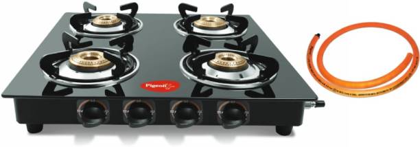 Pigeon Brunet 4 Burner Glass Cooktop with hose pipe Glass Manual Gas Stove