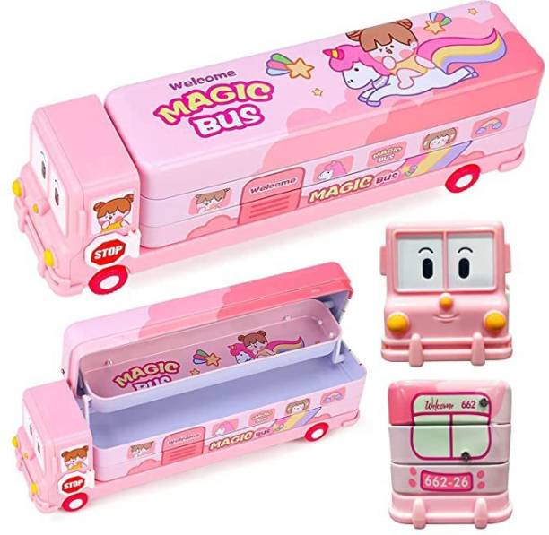 Mikki Tikki Multicolour Cartoon Printed School Bus Matal Pencil Box with Moving Tyres and Sharpner for Kids(Pink) Geometry Box