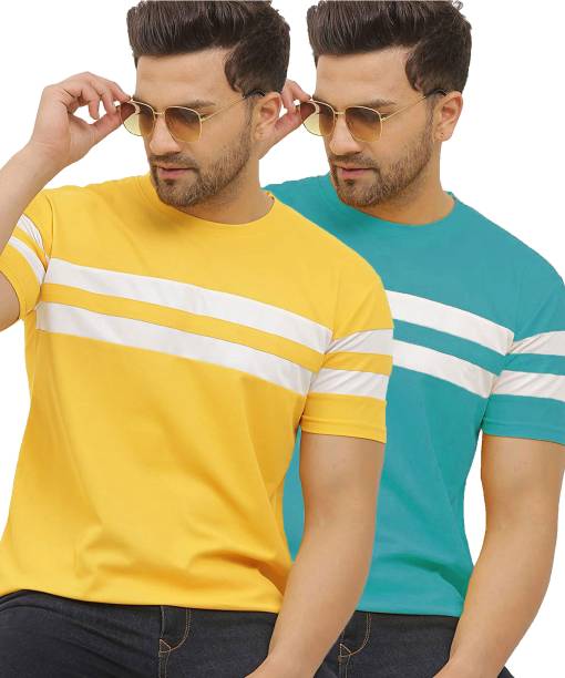 MooNVellY Striped Men Round Neck Blue, Yellow T-Shirt