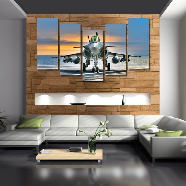 999 Store Multiple Frames Printed Fighter Plane like Modern Wall Art Painting - 5 Frames (148 X 76 Cms)