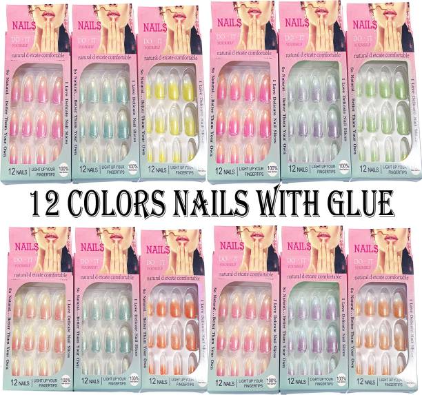 G4U Artificial Nails Set With Glue 12 glitter Colors nails (ST111) Pink, Blue, Green, Baby Pink, Yellow, Purple, Orange