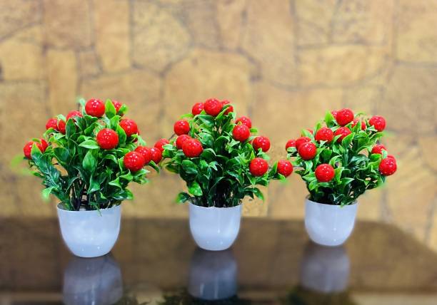 Ryme Pack of 3 Cherry Plant Bonsai Artificial Plant  with Pot