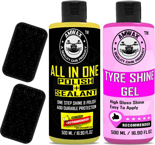 amwax All In One Polish And Sealant 500 ml, Tyre Shine Glossy 500 ml, 2 Applicator Combo