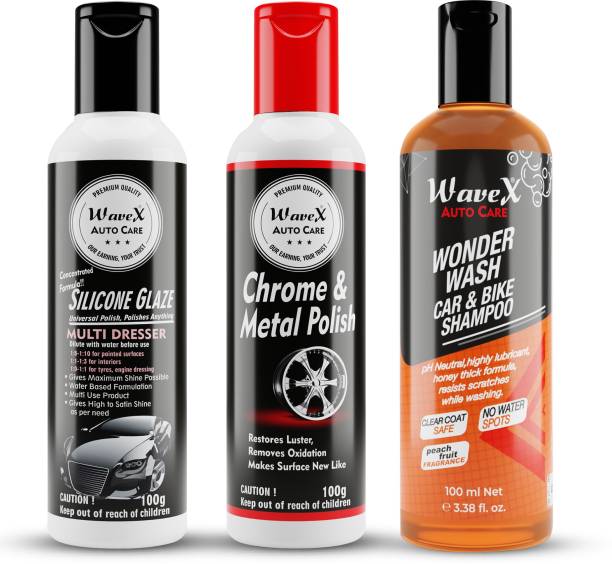 Wavex Silicone Polish, Chrome and Metal Polish, Wonder Wash Car and Bike Shampoo Combo