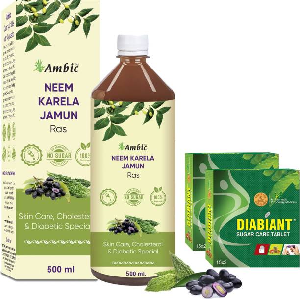AMBIC Neem Karela Jamun Juice - 500ML with - 60 Tablets I Diabetes Care Combo