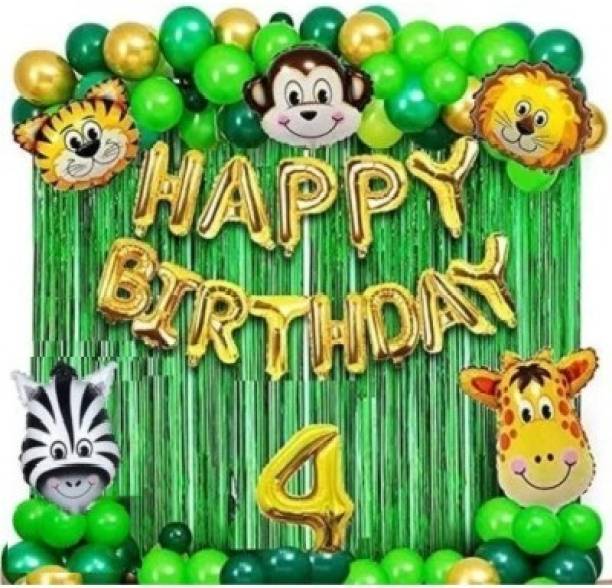 MAANAAS Solid 53pc Jungle Theme Fourth Happy Birthday Decoration Set-Ballon,Curtain,letterfoil Balloon