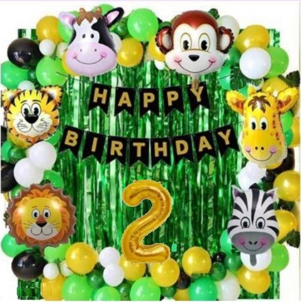MAANAAS Solid JungleTheme Second Happy Birthday Decoration Set-Ballon,Curtain,letterfoil Balloon