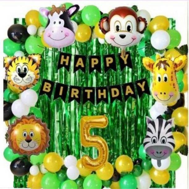 MAANAAS Solid Jungle Theme Fifth Happy Birthday Decoration Set-Ballon,Curtain,letterfoil Balloon