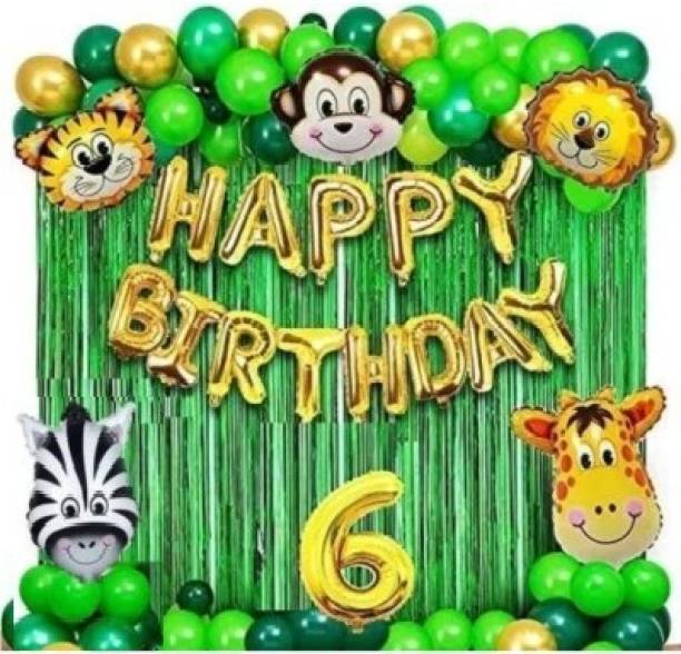 MAANAAS Solid 53pcs Jungle Theme Six Happy Birthday Decoration Set-Ballon,Curtain,letterfoil Balloon