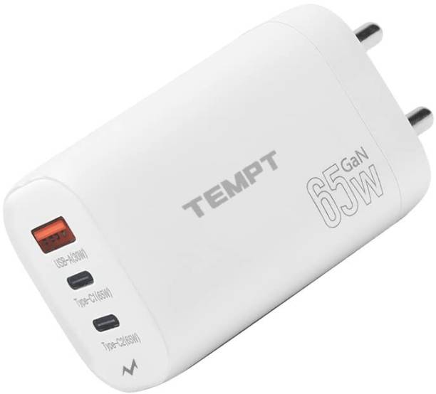 TEMPT 65 W GaN 3.25 A Mobile Alpha Triple Port Smart Fast Charging I GaN Technology, Multi-Layer Protection Charger with Detachable Cable