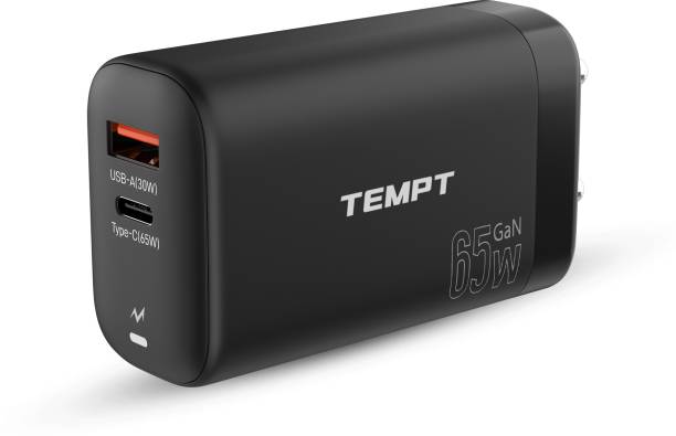 TEMPT 65 W GaN 3.25 A Multiport Mobile Alpha 65W Dual Port Smart Fast Charging I GaN Technology, Multi-Layer Protection Charger with Detachable Cable