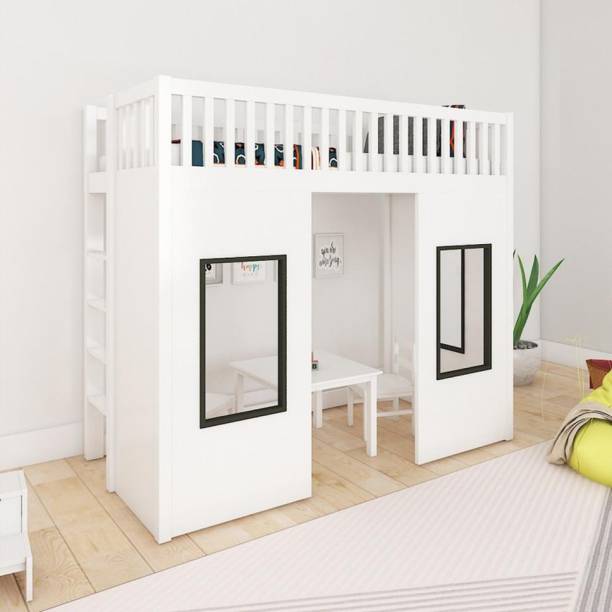 Malinaa Blue Ticking White Loft Bed Solid Wood Single Bed