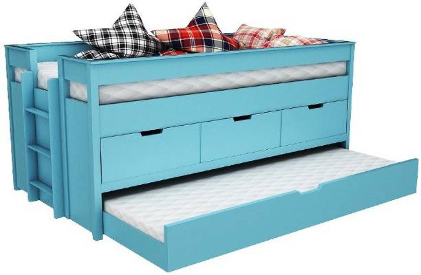 Malinaa Rancho Blue Loft Bunk Bed With Trundle Solid Wood Single Bed