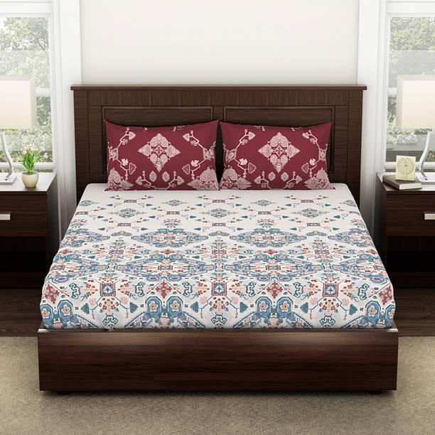 SPACES 144 TC Cotton King Printed Fitted (Elastic) Bedsheet