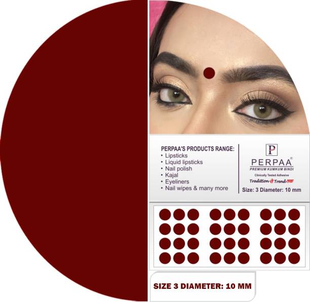 Perpaa Premium Velvet Sticker Kumkum Dark Maroon Bindi Box of 15 Flaps for Women,Ladies, Girls (Size 3 Diameter 10mm) Maroon Bindis