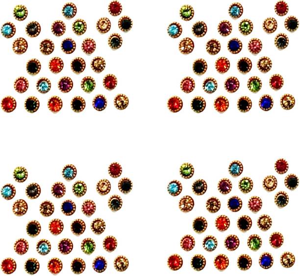 G4U New Bridal Stone Bindis With Gold Beads Border(Pack of 4) Forehead Red, Yellow, Purple, Pink, Peach, Blue, Gold, Green, Orange Bindis