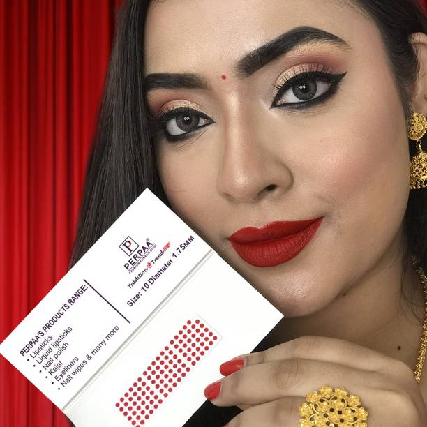 Perpaa Premium Velvet Sticker Kumkum Bindi Box of 15 Flaps for Women,Ladies, Girls (Size 10 Diameter 1.75mm) Red Bindis