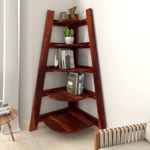 TOUCHWOOD Sheesham Wood Corner Ladder| Decorative 5 Tier Ladder Shelf for Home & Office Solid Wood Open Book Shelf