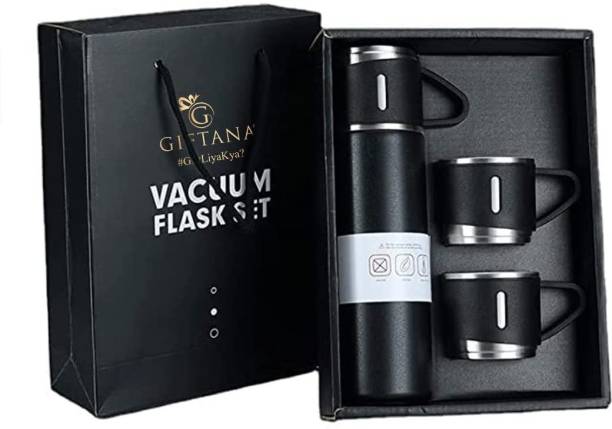 eTrack Stainless Steel Vacuum Flask with 3 set of Steel Cup Combo 500 ml Flask
